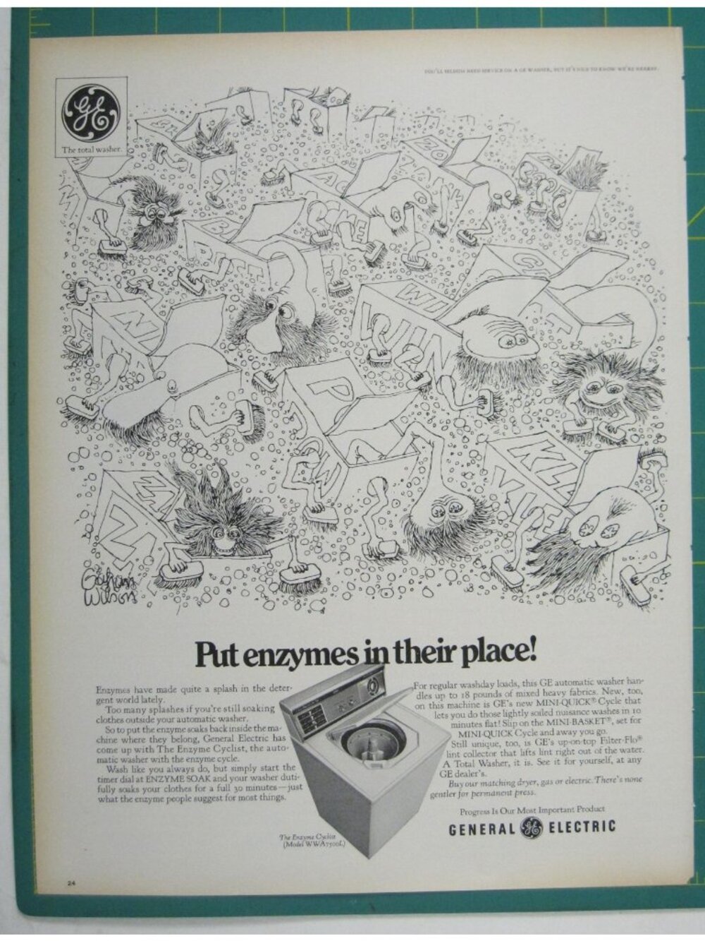 Print Ad General Electric Enzyme Washer Cartoon Vintage 1960s Laundry Room
